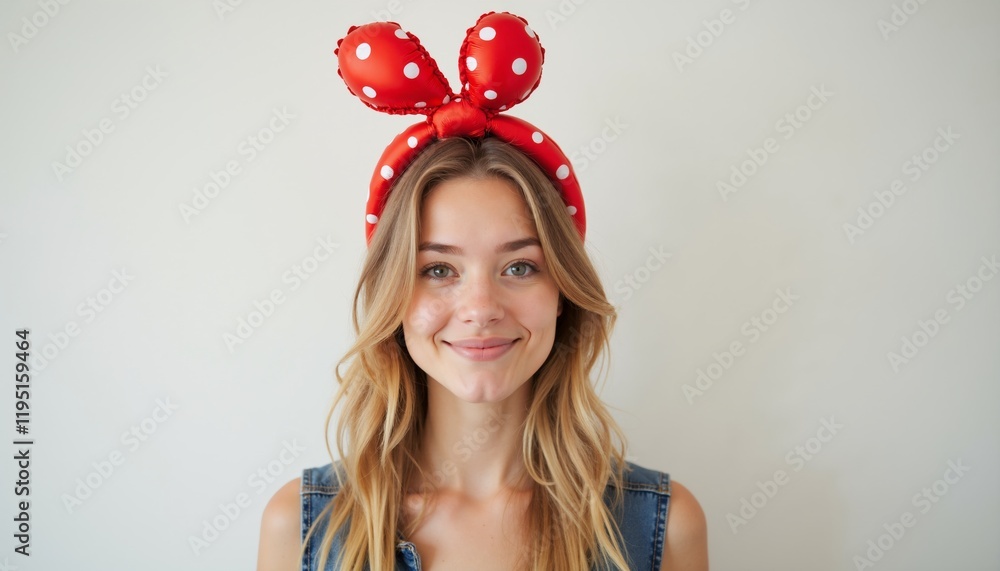 Woman with a red polka dot headband smiles brightly in front of a plain background, showcasing a playful style and cheerful demeanor Woman with a red polka dot headband smiles brightly in front of a plain background, showcasing a playful style and cheerful demeanor