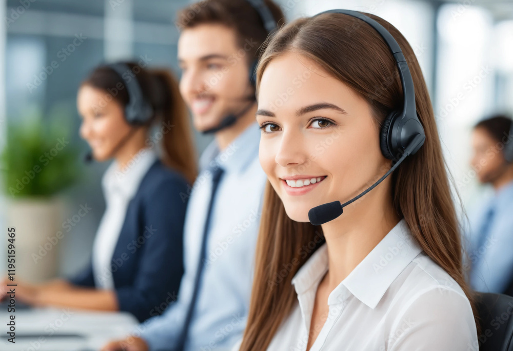 Smiling young female call center agent wearing headset, blurred background concept Smiling young female call center agent wearing headset, blurred background concept