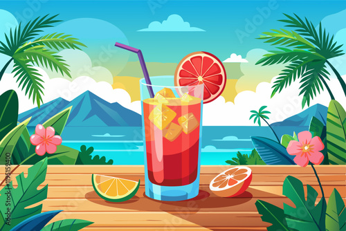 A vividly colored tropical cocktail served on a wooden table, overlooking a bright beach scene. It features fresh fruit garnishes, ice cubes, and mint leaves, evoking a vibrant, summery, and relaxing.