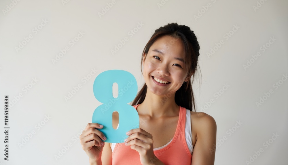 Cheerful young woman holding a bright blue number eight while smiling, indoors with a neutral background during daylight hours Cheerful young woman holding a bright blue number eight while smiling, indoors with a neutral background during daylight hours