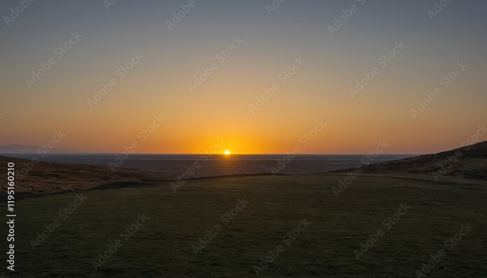 Serene Sunset over Rolling Hills and Coastal Forest Serene Sunset over Rolling Hills and Coastal Forest