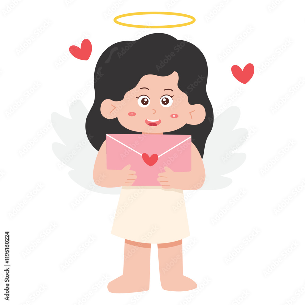 Cute cartoon angel holding love letter. ideal for Valentines Day designs, spiritual concepts, and greeting cards Cute cartoon angel holding love letter. ideal for Valentines Day designs, spiritual concepts, and greeting cards