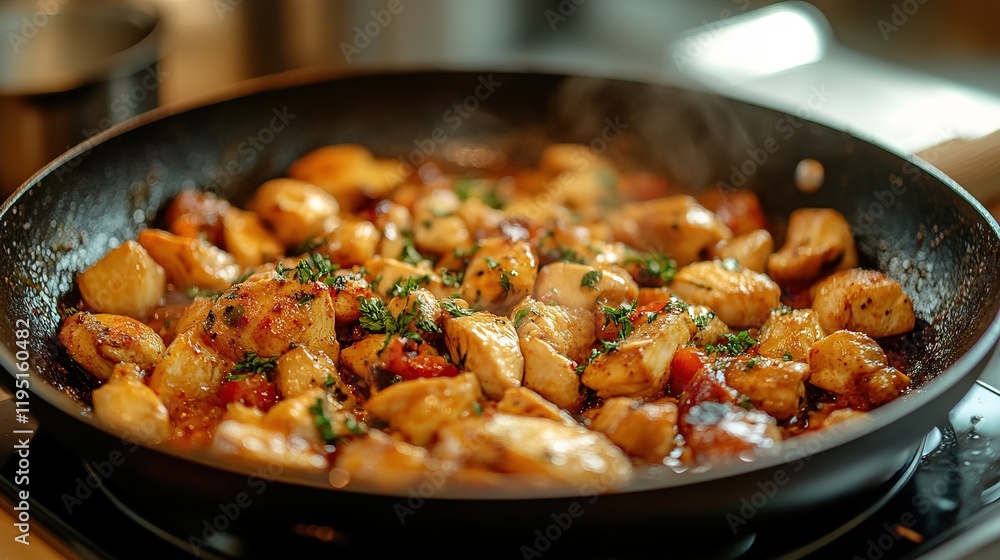 Tasty chicken curry in a pan with wooden spices Tasty chicken curry in a pan with wooden spices