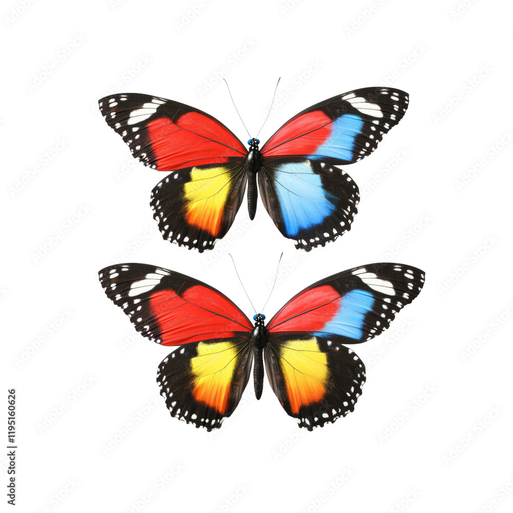 Obraz premium Two Vibrant Butterflies with Red, Yellow, and Blue Wings on Transparent Background