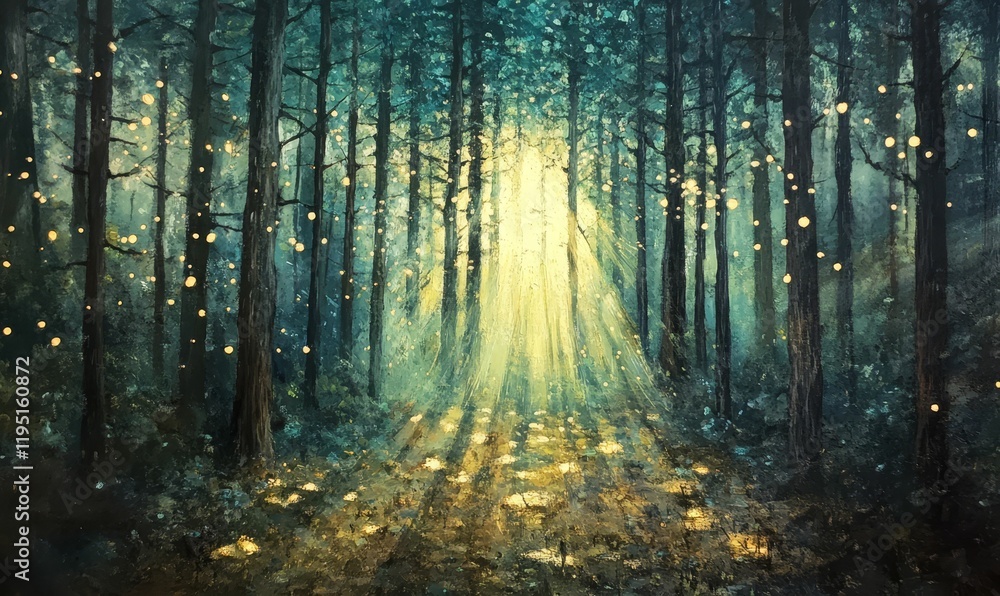 Fototapeta premium Sunlit forest path, glowing orbs, ethereal ambiance.