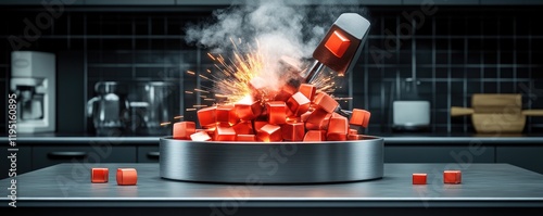 Dynamic Kitchen Scene Blender Exploding with Red Cubes on Countertop photo