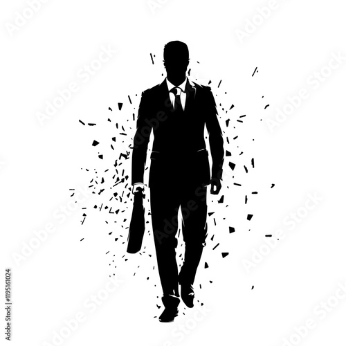 Business man walking and holding briefcase bag in hand, isolated vector silhouette with dispersion effect