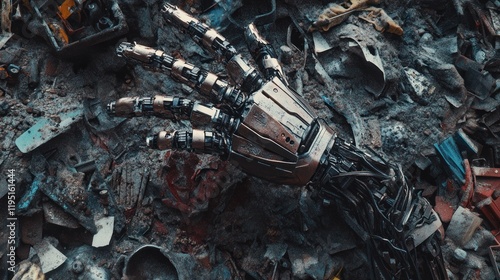 Rusty robotic hand in junkyard debris.