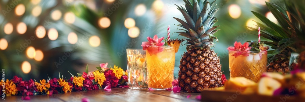 Enjoying a tropical picnic with fresh pineapples and colorful drinks under the summer sun. Generative AI Enjoying a tropical picnic with fresh pineapples and colorful drinks under the summer sun. Generative AI