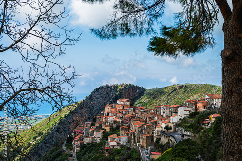 top view of the village of Maierà with the Thyrrhenian Sea in the background, Cosenza