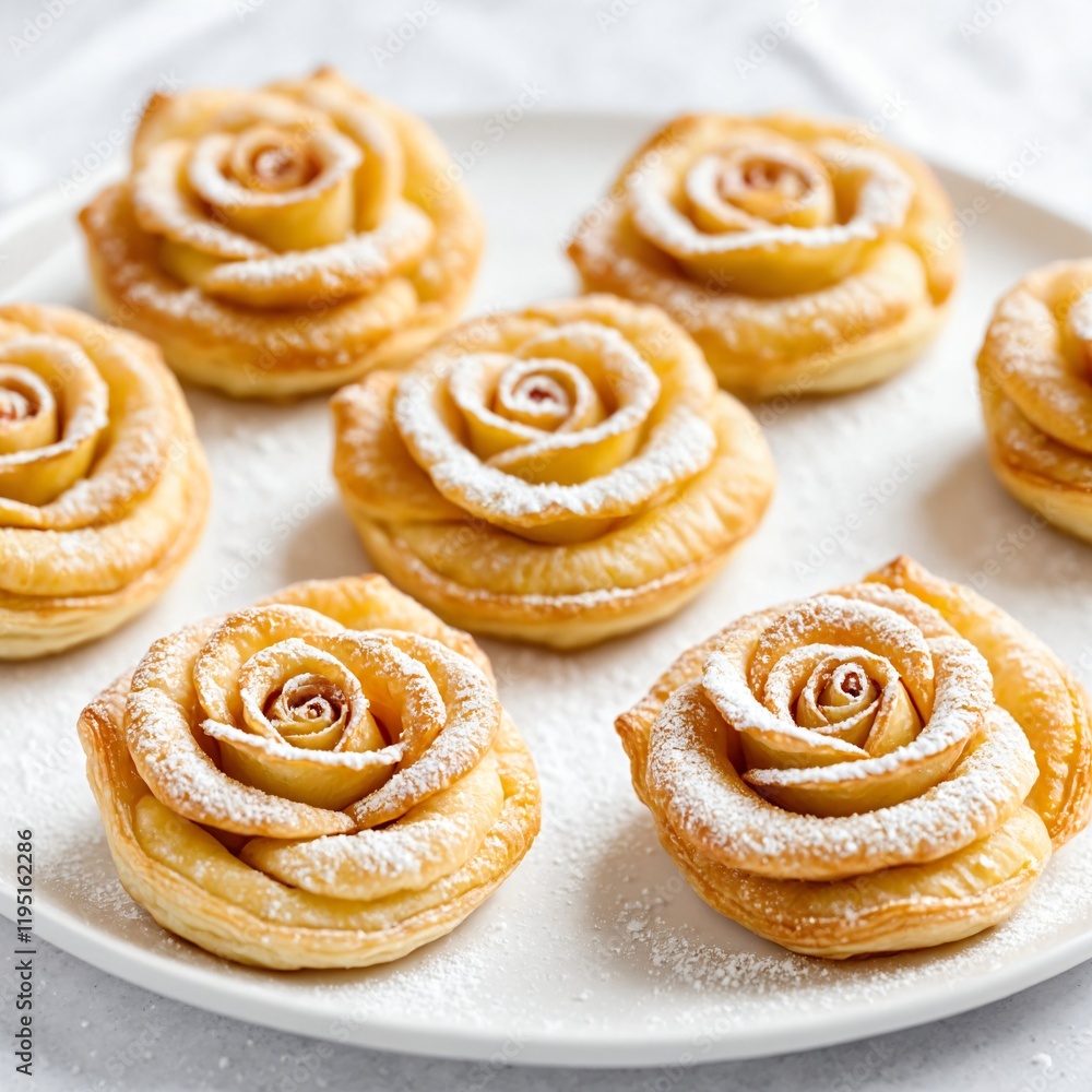 Fototapeta premium Valentine's day Delicate puff pastries shaped like roses, filled with apple slices and dusted with powdered sugar