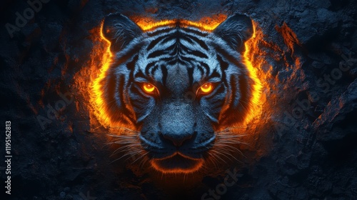 Fierce Tiger With Glowing Eyes Emerging From Dark Background Surrounded By Fiery Flames Illustrating Power, Strength, and Wildness in Nature