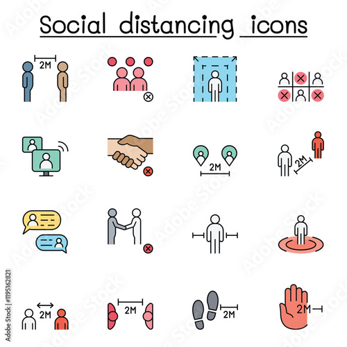 Social distancing icon set in thin line stlye
