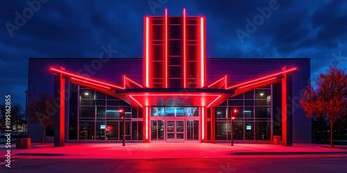 Building exterior of city cinema movie theatre at night with red lights
