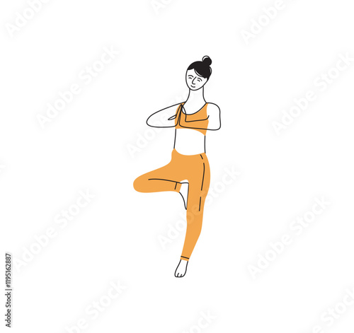  Minimal line art of a woman doing yoga in tree pose. Modern vector illustration featuring calm posture, wellness, and balance, perfect for fitness, meditation, or lifestyle themes.
