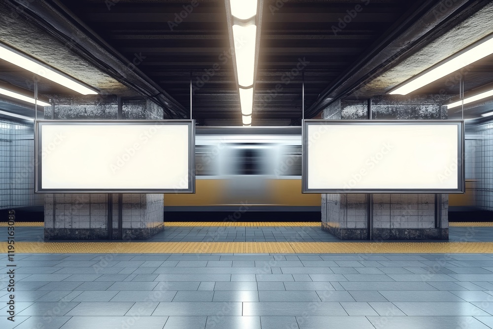 Mock up Poster media template Ads display in NYC Train Subway Station with moving Train on background. Realistic 3d render illustration, Generative AI Mock up Poster media template Ads display in NYC Train Subway Station with moving Train on background. Realistic 3d render illustration, Generative AI