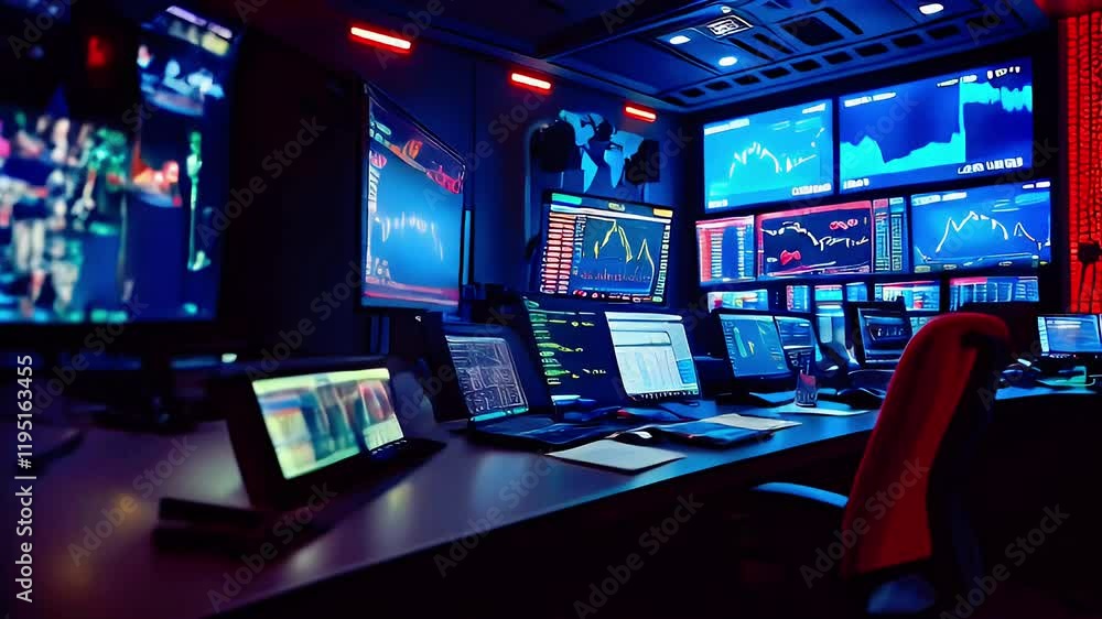 A high-tech trading room filled with monitors displaying financial data and market trends. A high-tech trading room filled with monitors displaying financial data and market trends.