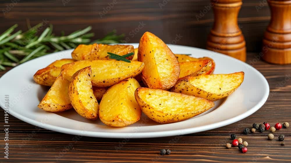 Potato wedges are freshly roasted to a crispy golden brown, seasoned with herbs and spices, creating a flavorful and inviting dish Potato wedges are freshly roasted to a crispy golden brown, seasoned with herbs and spices, creating a flavorful and inviting dish