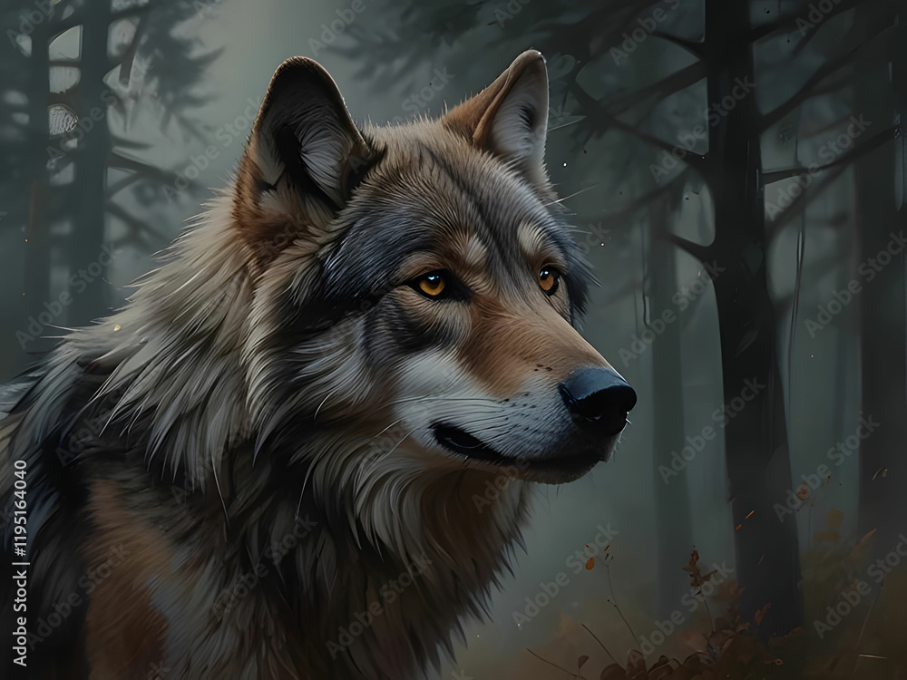 Obraz premium A hauntingly beautiful depiction of a wolf in a forest.