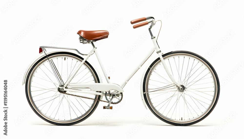 A white bicycle with brown seat A white bicycle with brown seat