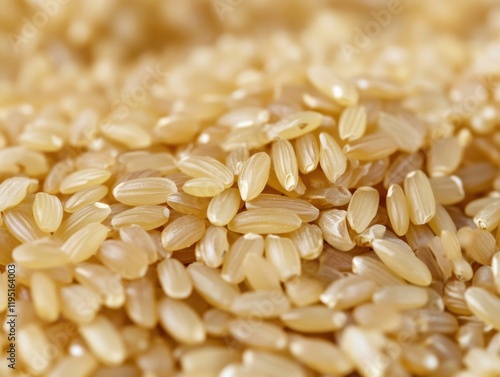 Close-up of brown rice grains. Focused view of uncooked brown rice grains. Highlighting their nutritional benefits and natural color. Ideal for health food blogs and dietary guides. photo