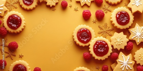 Cheerful festive bakery layout showcasing raspberry jam-filled cookies in yellow background surrounded by decorative stars and raspberries with space for text photo