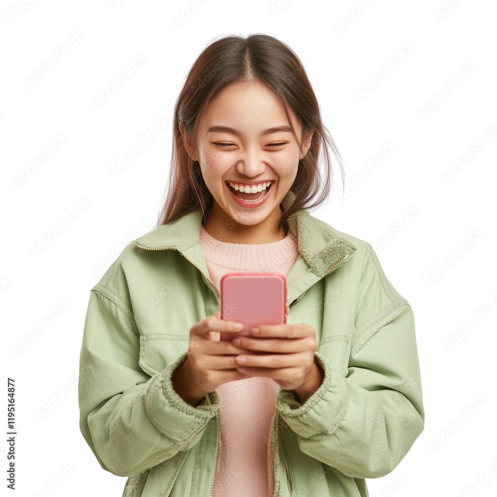 Joyful young Asian woman typing on smartphone isolated on transparent background Joyful young Asian woman typing on smartphone isolated on transparent background