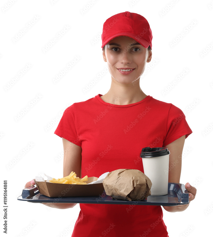 Fast-food worker holding tray with order on white background Fast-food worker holding tray with order on white background