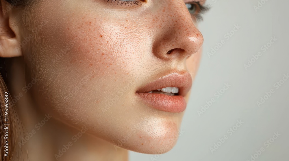 Obraz premium close up of woman face showcasing glowing skin, freckles, and natural beauty. soft lighting highlights her features, creating inviting and fresh appearance