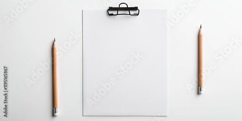 Blank A4 paper sheet with a black binder clip centered above, flanked by two wooden pencils on a clean white table background.