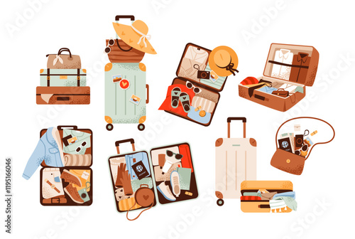 Suitcases with travel accessories set. Travel essentials like luggage, passport, and camera. Tourism, adventure journeys, and packing concept. Flat vector illustration.