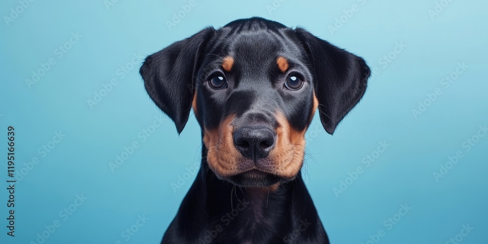 Doberman puppy with a glossy black and tan coat centered against a soft blue backdrop, displaying a curious expression in a studio setting. Doberman puppy with a glossy black and tan coat centered against a soft blue backdrop, displaying a curious expression in a studio setting.