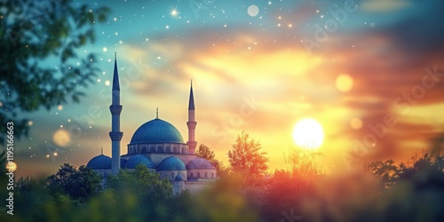 Mosque at sunset with stars and warm colors creating a tranquil scene photo