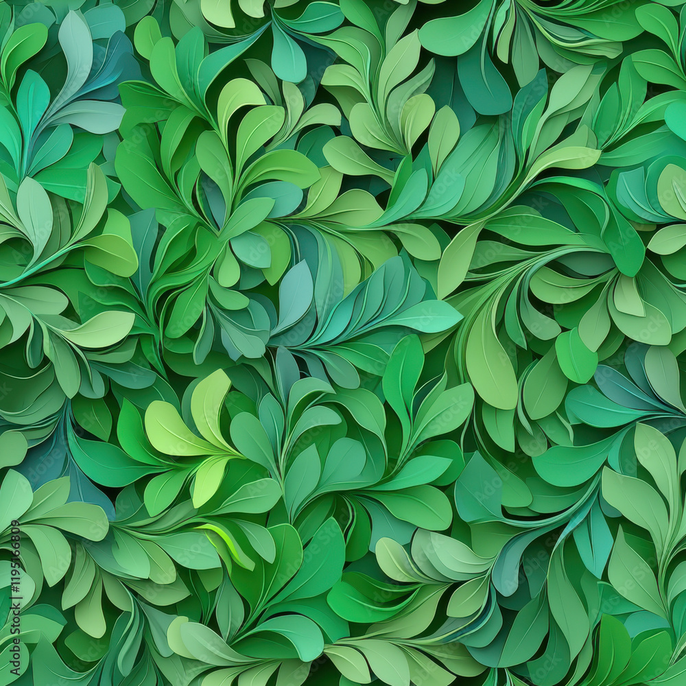 Lush green leaves create vibrant, textured background, showcasing various shades of green in seamless pattern. This design evokes sense of nature and tranquility Lush green leaves create vibrant, textured background, showcasing various shades of green in seamless pattern. This design evokes sense of nature and tranquility