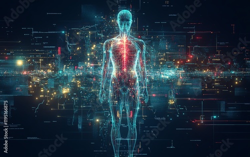 Abstract anatomy of human physiology, geometric shapes and vibrant accents highlighting the body s structure, artistic and futuristic design photo