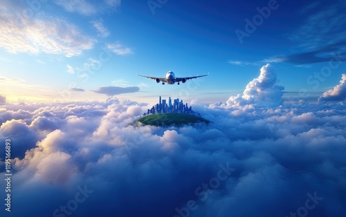 An airplane flies over a lush island city amidst a sea of clouds, illuminated by a bright blue sky and wispy white clouds. photo