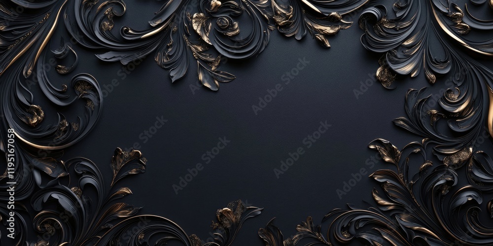 Elegant black background with intricate golden and black ornamental patterns surrounding a central empty space for text or design elements. Elegant black background with intricate golden and black ornamental patterns surrounding a central empty space for text or design elements.