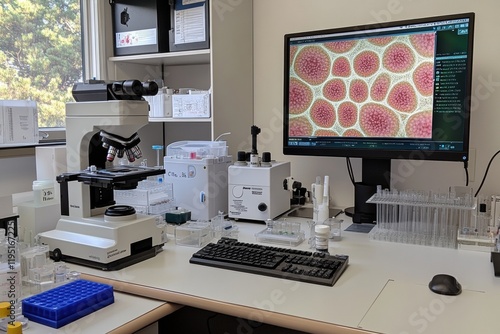 Advanced laboratory setting showcasing microscopes, test tubes, and computer displaying bacterial visuals in a scientific environment. Generative AI