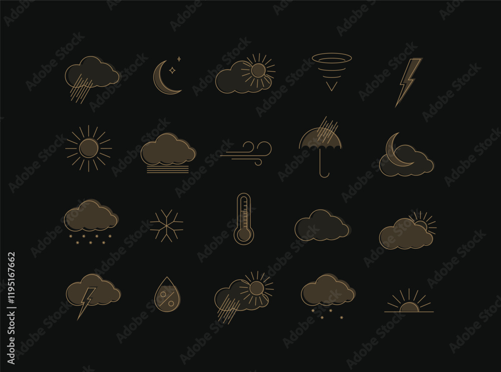 Weather app icons for web drawing in linear style on black background