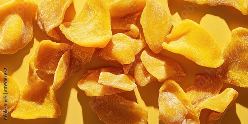 Wallpaper Mural Vibrant yellow dried mango pieces scattered on a bright yellow background showcasing their natural texture and color in a flat lay composition Torontodigital.ca