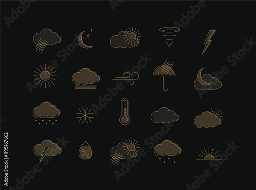 Weather app icons for web drawing in linear style on black background