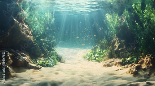 Fototapeta Naklejka Na Ścianę i Meble -  Underwater Scene with Sandy Bottom Aquatic Plants and Fish