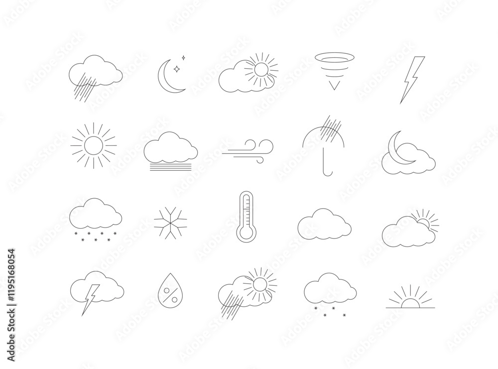 Weather app icons for web drawing in linear style on white background