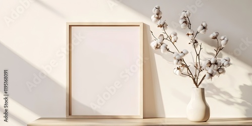 Minimalist decor featuring an empty wooden frame and a vase with cotton branches on a light dresser against a soft beige wall with shadows.