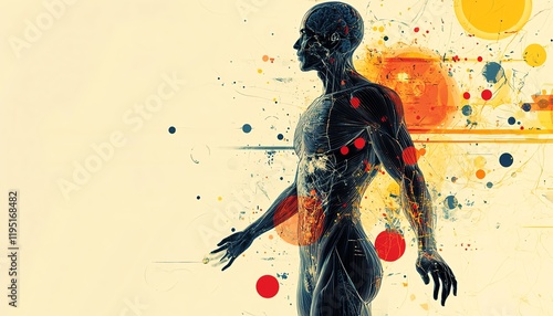 Geometric shapes and vibrant accents used to illustrate abstract human anatomy and physiology, futuristic and artistic representation of the body s systems photo