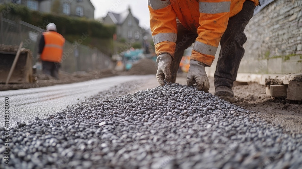 Worker placing grey stones on road surface. Worker placing grey stones on road surface.