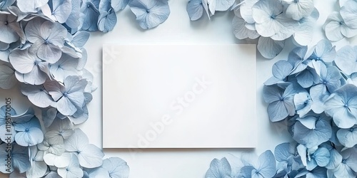 Elegant wedding invitation card mockup with a blank white card surrounded by delicate blue hydrangea flowers on a light background