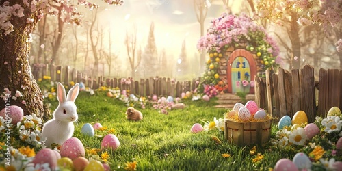 Springtime Easter scene featuring a white rabbit in a lush green garden surrounded by colorful eggs and flowers, with a whimsical cottage background