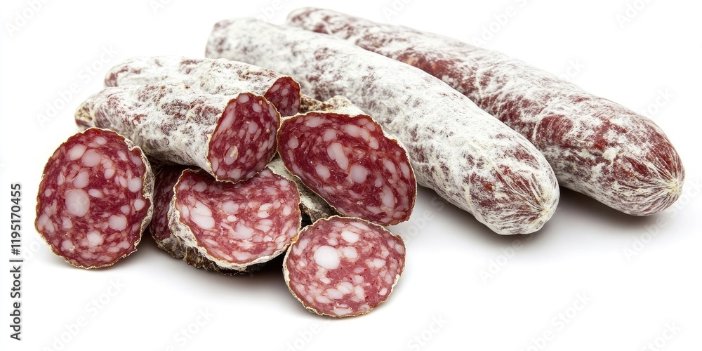 Dried salami with white mold on a white background showcasing whole and sliced fuet sausage, featuring rich red and white colors with varied textures. Dried salami with white mold on a white background showcasing whole and sliced fuet sausage, featuring rich red and white colors with varied textures.