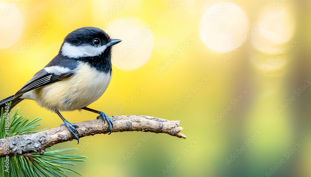 Obraz premium A charming Coal Tit perched on a pine branch, basking in the soft, golden sunlight of a tranquil forest. The image showcases the bird's delicate beauty against a blurred, bokeh background.